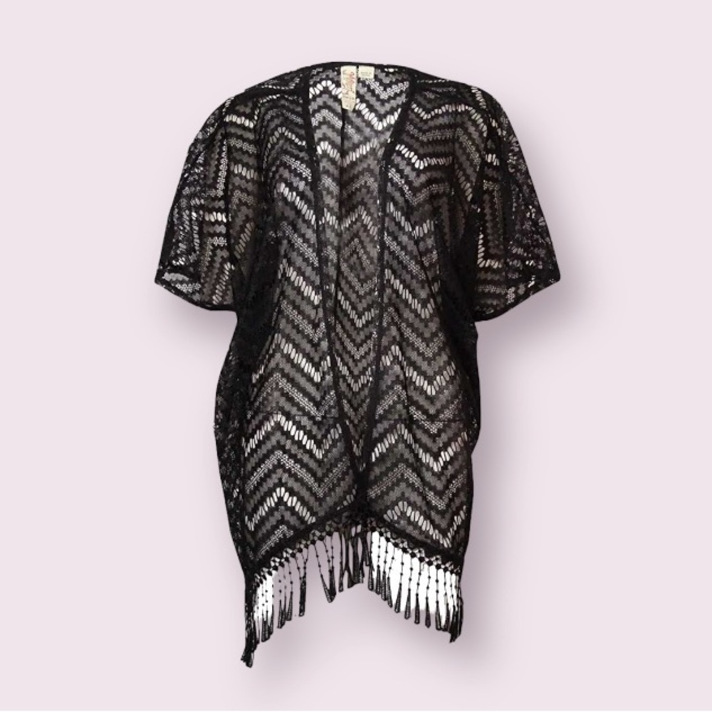 Miken Womens Lace-Fringe Trim Kimono Swimsuit Cover-Up S/M, in Black Cavier